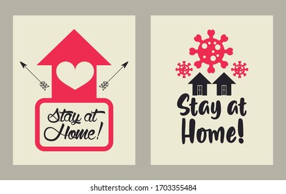 stay at home poster campaign with covid19 particles and house vector illustration design