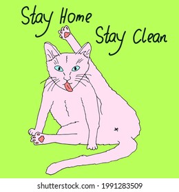 Stay Home poster with cute cat on a green background. Hand drawn atristic vector sketch for home and public interior design