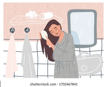 Stay home poster design. Wall art hand drawing. Female brushing hair  in bathrobe. Bathroom illustration with towels, mirror, sink, tiles. Daily routine, spa, self care activity. Cute background.