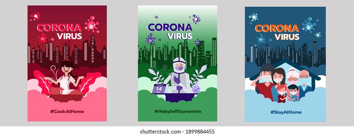 Stay home poster. Family at home, parents with kids. Quarantine or self-isolation. Health care concept. Fears of getting coronavirus. Global Covid-19 pandemic. Flat vector illustration