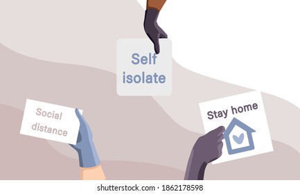 Stay at home poster on beige backdrop. Social distance text for social banner or propaganda, hygiene promotion, medical poster. Chemist shop logo or info card. Flat style stock vector illustration