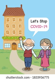 Stay at home to prevent Coronavirus. COVID-19 ,Old woman and man wearing  face mask at home,vector illustration