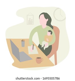 Stay home, protect yourself. working remote woman, mother with child on quarantine during the coronavirus epidemic, flat vector illustration