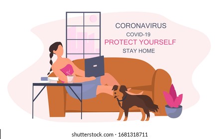 Stay Home Protect Yourself.Stay Home Stay Safe.Working from home.
Stay Home on Quarantine During the Coronavirus Epidemic.Flat Vector Illustration