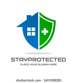 Stay at home or protected vector logo template. Tis design use home and cross health symbol. Suitable for medical. 