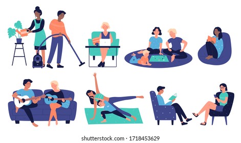 Stay at home in quarantine, avoid coronavirus vector illustration icons. Cartoon active flat family people work with laptop, do hobby, music or reading, homework or sport exercises activity together