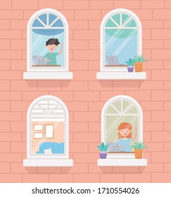 stay home quarantine, building window, people working with laptop in apartments vector illustration