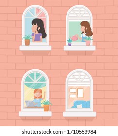 stay at home quarantine, building windows people with plants working resting vector illustration