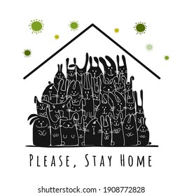 Stay At Home, Quarantine Concept. Bif Rabbits Family at House. Sketch for your design. Vector illustration