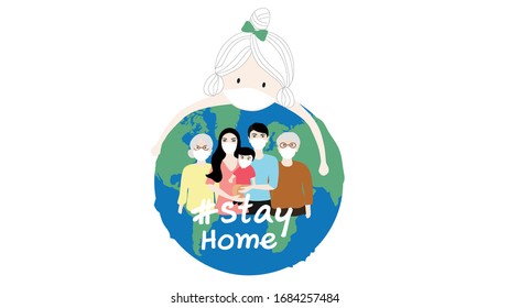 Stay home quarantine concept cute girl holding world people stay home vector illustration