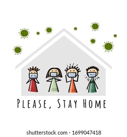 Stay At Home, Quarantine Concept. Family at House. Sketch for your design. Vector illustration