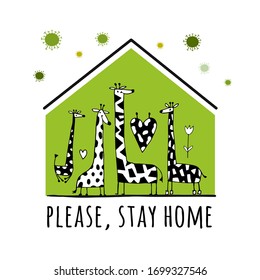 Stay At Home, Quarantine Concept. Giraffe Family at House. Sketch for your design. Vector illustration