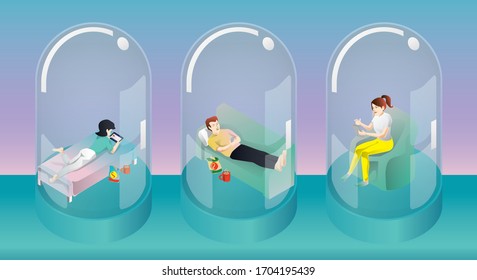 Stay at home Quarantine Concept, People keeping distance for infection risk and disease, man and woman use tablet and smartphone to working, Like in a test tube, prevent virus COVID-19 or Coronavirus 