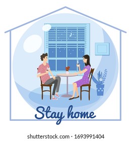 Stay home quarantine consept banner self isolation. Young couple family sitting at home drink tea or coffee smiling and staying together. Social media campaign and coronavirus covid 19 prevention