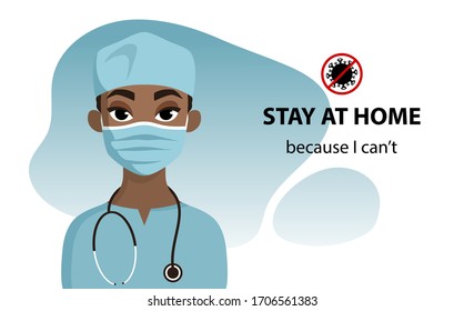 Stay at home, quarantine consept. Coronavirus covid-19 outbreak. Сartoon portrait of a surgeon with a stethoscope. Doctor in a medical mask. Vector flat illustration