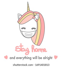 stay home quarantine for coronavirus or covid 19 social media campaign with cartoon colorful character unicorn with medical mask vector illustration