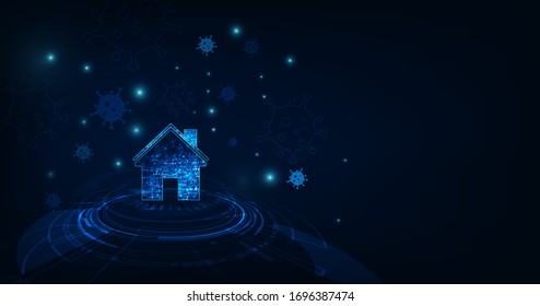 stay home quarantine coronavirus epidemic illustration for social media. Protection campaign or measure from coronavirus, COVID-19. Home with virus on dark blue color background.