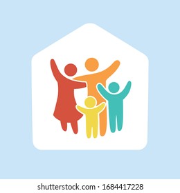 Stay at Home. Quarantine family icon multicolored in simple figures. Two children, dad and mom stand together. Vector can be used as logotype.