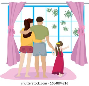 Stay at home. Quarantine at home. The family stands and looks out window. The virus is outside. Outbreak Defense. Security measures against virus. Vector illustration.