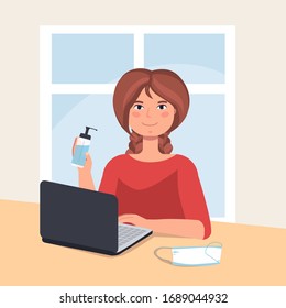 Stay home in quarantine. the girl holds an antiseptic and a mask in her hands, works remotely online on the computer. self isolation, virus protection. vector illustration.