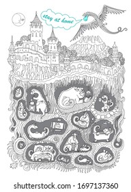 Stay at Home. Quarantine isolation Covid-19 humor concept.Adults coloring book page, tee shirt print, linear illustration. Fairy tale castle, old medieval town, Dragon beast cave underground nest