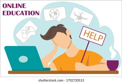 Stay home in quarantine. Online education concept, meditate and relax. Boy is sitting at table and looking at laptop. Corona viruses concept of 2019-ncov. vector illustration in flat style.