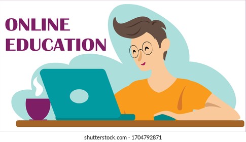 Stay home in quarantine. Online education concept, meditate and relax. Boy is sitting at table and looking at laptop. Corona viruses concept of 2019-ncov. vector illustration in flat style.