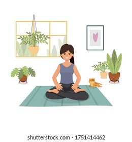 Stay at home, Quarantine, People at home, Room or apartment, Girl Practicing yoga, vector illustrator