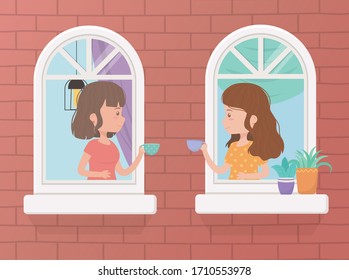 stay at home quarantine, people in window taking coffee vector illustration