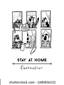 Stay at home, quarantine poster. Funny cat vector illustration