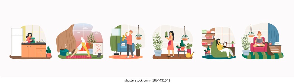 Stay home in quarantine scene set flat vector illustration. People doing yoga, cooking, reading book, playing saxophone, taking care of houseplants during quarantine. Self isolation. Hobby and leisure