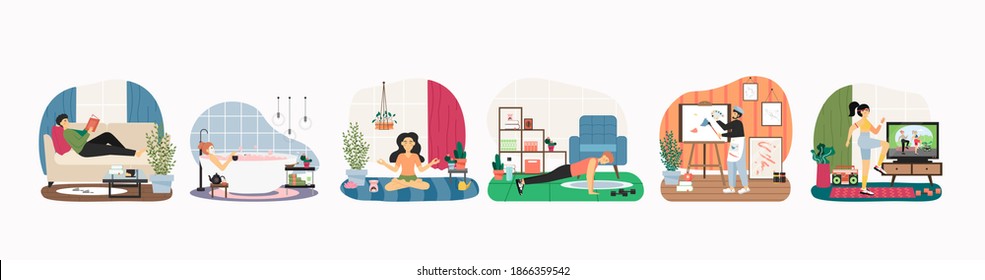 Stay home in quarantine scene set, flat vector isolated illustration. People doing yoga, sport exercises with online teacher, reading book, taking bath, drawing during quarantine. Self isolation.