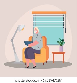 stay home, quarantine or self isolation, woman sitting in couch in the living room vector illustration design