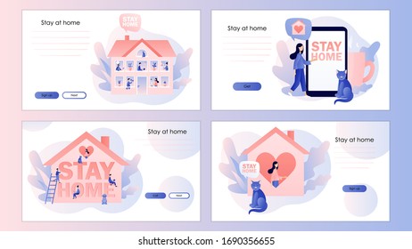 Stay at home. Quarantine and self-isolation. Pandemic. Screen template for mobile smart phone, landing page, template, ui, web, mobile app, poster, banner, flyer. Modern flat cartoon style. Vector