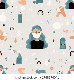 Stay at home. Quarantine stickers. Self-isolation. Coronavirus COVID-19 prevention. Cute vector seamless pattern. Pandemic medical concept.