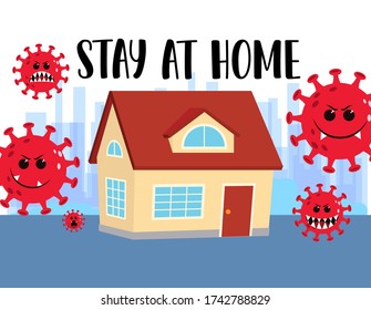 Stay at home quarantine vector concept. Stay at home text with covid-19 coronavirus elements around house in scary and angry facial expression. Vector illustration. 