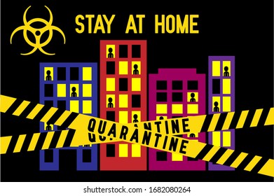 Bleiben Sie bei Home Quarantine Vektorillustration Illustration Gebäude und Menschen auf Windows in ihren Häusern Corona Virus Social Distance Zeichnung