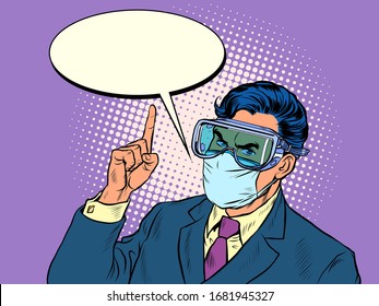 Stay at home. Quarantine warning policy. A politician in a medical mask. Pop art retro vector illustration kitsch vintage 50s 60s style