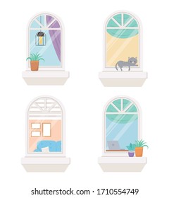 stay at home quarantine, windows potted plants and cat building vector illustration