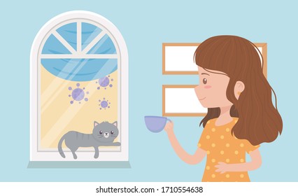 stay at home quarantine, woman with coffee cup and cat resting in window vector illustration