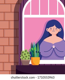 stay home quarantine, woman looking at the window with plant in pot, facade of the brick building vector illustration