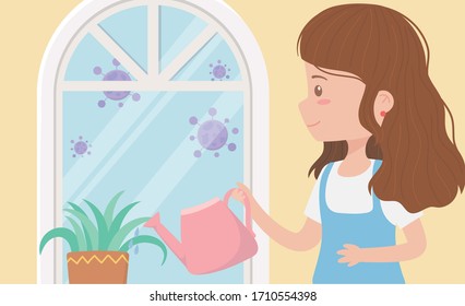 stay at home quarantine, woman with watering can potted plant window vector illustration