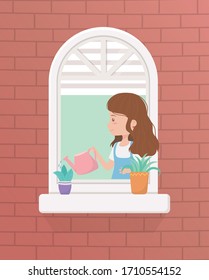 stay home quarantine, woman at window watering potted plants vector illustration