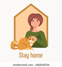 stay home in quarantine. woman at home with your family cat. virus protection. Work at Home. Vector illustration
