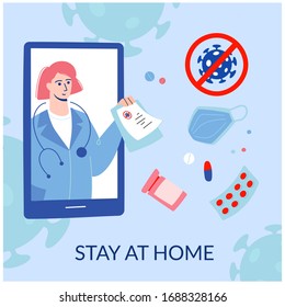 stay at home in quarantine.Caronavirus stop:Self-isolation, quarantine.Virtual doctor, get sick leave online using your smartphone.Mobile consultation,smart medical assistance.Сartoon character,vector