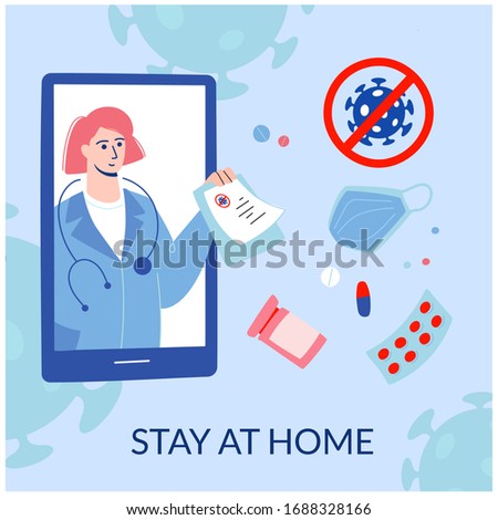 stay at home in quarantine.Caronavirus stop:Self-isolation, quarantine.Virtual doctor, get sick leave online using your smartphone.Mobile consultation,smart medical assistance.Сartoon character,vector Stock photo © 
