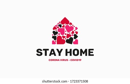 Stay home quote text, hash tag or hashtag. Coronavirus COVID 19 protection logo, Stay at home slogan with house and heart vector