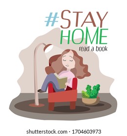 Stay at home - read a book illustration. Quarantine vector concept.
