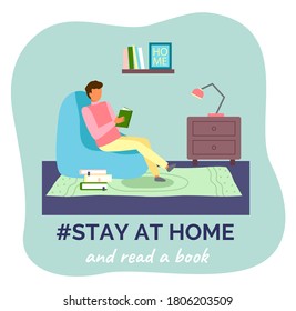 Stay at home and read book. Quarantine self-isolation at home. Prevention of covid-19 or coronavirus. Virus outbreak. Man sitting in chair with book. Home activities, leisure during world epidemic