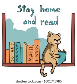 Stay home and read. Cat sitting on book shelf and reading a book
